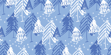 Christmas tree silhouettes seamless pattern. Hand drawn fir trees. Freehand sketch Xmas background....