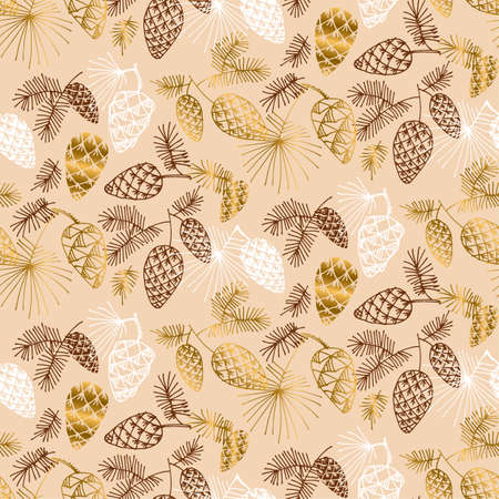Hand drawn pine for Christmas seamless pattern. Gold and brown sketch of xmas tree branch for background, wrapping paper, fabric. Vector vintage luxury illustrationのイラスト素材