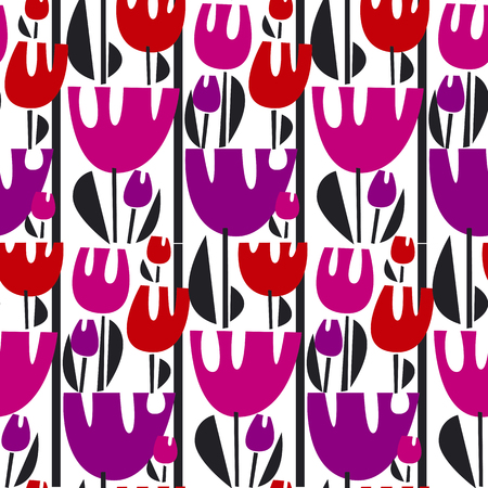 Tulips color vector seamless pattern. Red, pink, violet flowers with black leaves, lines texture. Scandinavian style illustration. Spring blooming. Floral textile, wallpaper, wrapping paper designのイラスト素材