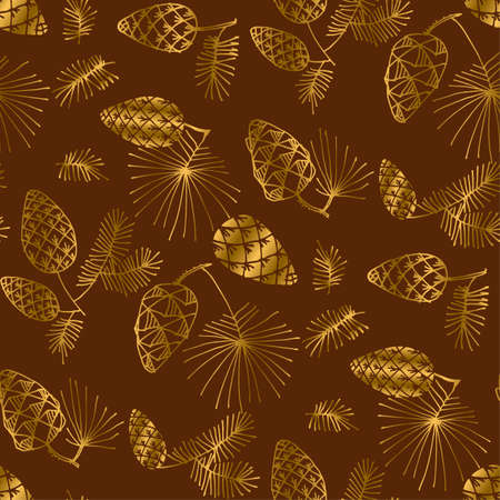 Hand drawn pine for Christmas seamless pattern. Gold and brown sketch of xmas tree branch for background, wrapping paper, fabric. Vector vintage luxury illustrationのイラスト素材