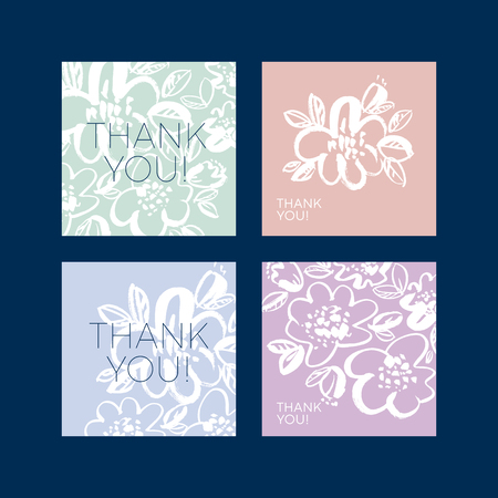 Thank you vector lettering set. Floral sketch gratitude cards pack. Hand drawn background with copyspace. Isolated elements with text and cherry, sakura flowers. Banner, poster templates collectionのイラスト素材