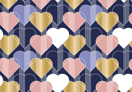 Hearts color seamless vector pattern. Abstract background with linear shapes. Romantic postcard ornament. Love, romance contour drawing. Valentines day wrapping paper, wallpaper print designのイラスト素材