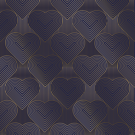 Hearts color seamless vector pattern. Blue, gold ornament with linear figures. Gradient print. Love, romance contour drawing. Romantic shapes background. Valentine day textile, wrapping paper backdropのイラスト素材