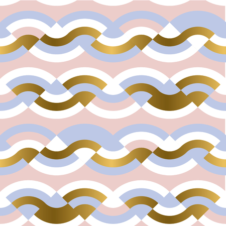 Colorful geometric braids seamless pattern. Abstract shapes, waves vector illustration. Blue and white texture with golden gradient. Ripple on pink background. Kaleidoscopic wallpaper, wrapping paperのイラスト素材