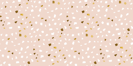 Terrazzo stone marble seamless pattern in pastel rose and golden foil colors. Simple geometric scattered repeatable motif for fabric, wrapping paper, surface design, web background.のイラスト素材