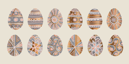 Traditional Easter egg hand drawn decor in modern pale rose and gray color. Spring eggs set in folk peasant style for surface design. vector illustration.のイラスト素材