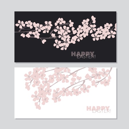 Happy Easter greeting card vector template set. Sakura flowers. Tree twigs, branches with cherry blooming. Pink blossom background and typography. Spring holiday banner, invitation floral print designのイラスト素材