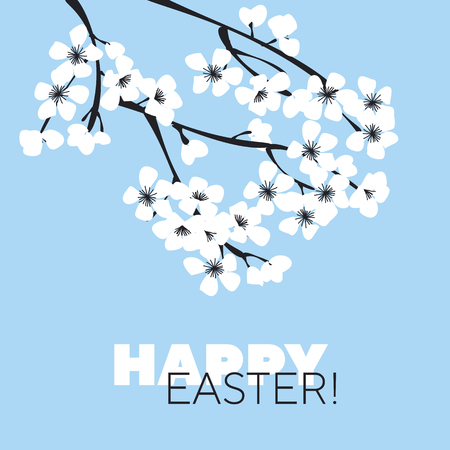 Happy Easter web banner vector template. Cherry flowers. Tree branches with blooming on blue background. White simple blossom and typography. Spring holiday greeting card, poster floral layoutのイラスト素材