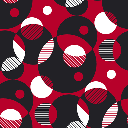 Retro rounds vector seamless pattern. Geometric textile ornament. Multicolor spots and lines illustration. Red, black and white hatching circles background. Abstract minimalistic backdropのイラスト素材