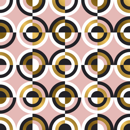 Abstract geometric circles seamless pattern. Circular shapes, colorful rings vector illustration. Multicolor circles on pink background. Mosaic wallpaper, wrapping paper, textile modern designのイラスト素材