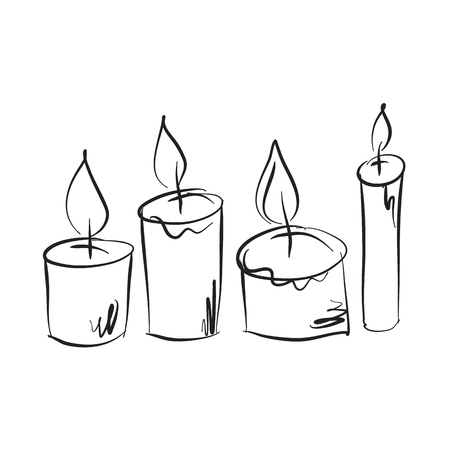 Burning candles hand drawn illustrations set. Holiday, Birthday greeting card, celebration invitation design element. Easter cakes line art drawing. Pastry doodle. Festive dessert freehand sketchのイラスト素材