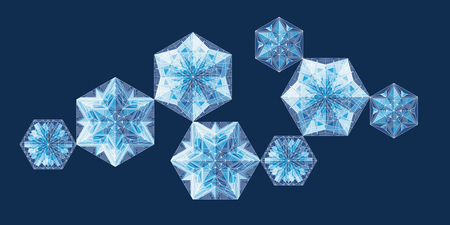 Geometrical snowflakes vector illustrations set. Ice, frost on blue background. Abstract Christmas tree baubles cliparts pack. Winter backdrop. Crystal snow, frozen stars with white lines ornamentのイラスト素材