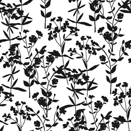 Black and white meadow blossom grass seamless pattern. Simple elegant thin repeatable motif. Tile endless rapport for textile, surface design, web and wrap.のイラスト素材
