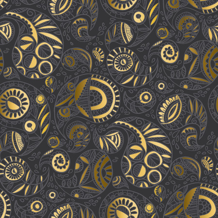 Modern elegant gray and gold paisley seamless pattern for textile, fabric, wrapping paper, web and print design. Hand drawn luxury oriental motif for decor. vector illustration.のイラスト素材