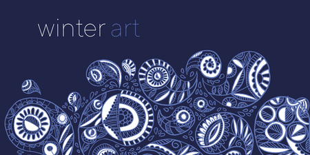 Winter blue and white frost inspired composition for card, header, invitation.  India traditional paisley. Hand drawn cute vintage motif for elegant xmas projects.のイラスト素材