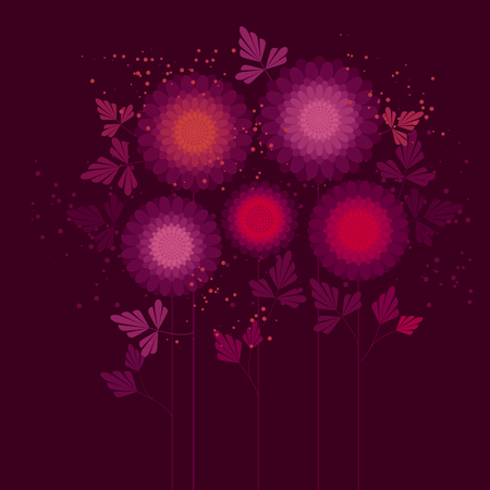 Abstract asters vector color illustration. Geometrical flowers with leaves on stems. Pink chrysanthemum blossoms, spring garden. Daisies purple and violet petals, botanical backdropのイラスト素材