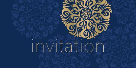 Winter holiday blue and gold classic snowflake card. Christmas vector illustration for cards, invitation, cover, header, poster. Xmas winter fine elegant composition for web and print.のイラスト素材