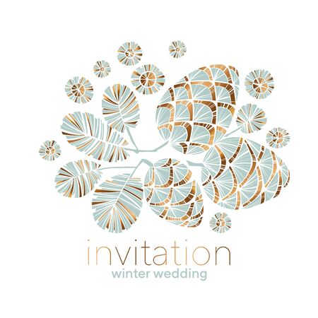 Xmas vibes pastel teal green pine cone composition for card, header, invitation, poster, social media, post publication. Gold and pale blue luxury Christmas pinecone vector silhouette header. のイラスト素材
