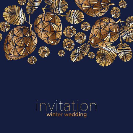 Luxury golden winter pine cone on deep blue color for card, header, invitation, poster, social media, post publication. Invitation vector template for winter holiday gretings.
のイラスト素材