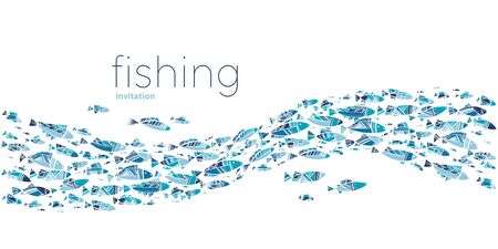 Mediterranean summer fish pattern for for card, header, invitation, poster, social media, post publication. Blue color decorative fish element for vacation summer project.のイラスト素材