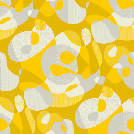 Abstract soft geometry chaotic shapes seamless pattern for background, fabric, textile, wrap, surface, web and print design. Yellow and gray surface design rapport.のイラスト素材