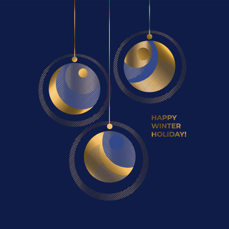 Christmas golden decorative ornament on marine blue background for card, header, invitation, poster, social media, post publication. Geometric business style minimal card for new year partyのイラスト素材