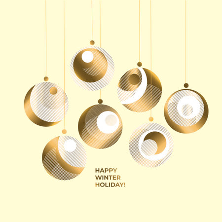 Laconic gold and white xmas ornament baubles for card, header, invitation, poster, social media, post publication. Geometric business style minimal card for new year partyのイラスト素材
