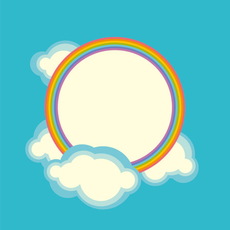 Blue sky, clouds and rainbow frame template for web banners, posters, cards, wallpapers, backdrops, web and print projects. Childish simple full round rain bow.のイラスト素材