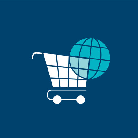 Worldwide shopping icon with supermarket storey and Earth globe for web banners, poster, cards, wallpapers, backdrops, web and print projects.のイラスト素材