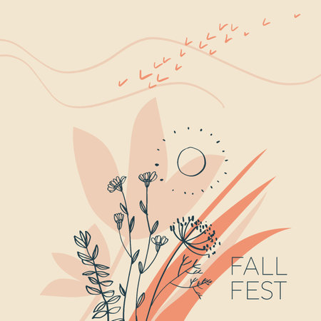 Laconic autumn dry plants in lines and silhouettes style. Cozy elegant style composition for card, header, invitation, poster, social media, post publication.のイラスト素材