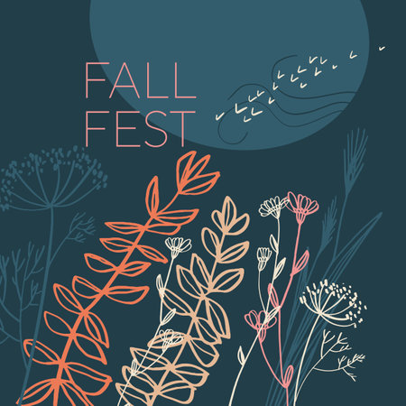 Romantic and cozy autumn plants composition on deep green background. Cozy elegant style composition for card, header, invitation, poster, social media, post publication.のイラスト素材