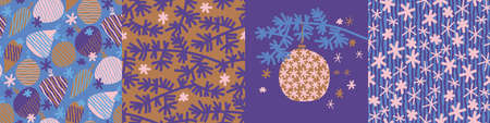 Winter holiday vector bunch in violet and blue. Shabby Christmas patterns and elements set for card,...