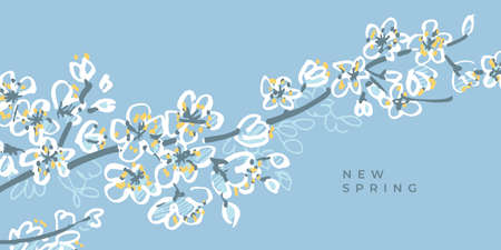 Spring blossom branch vector traced hand drawn element. Shabby sakura flowers for card, header, invitation, poster, social media, post publication.のイラスト素材