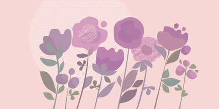 Tender pastel color abstract flowers vector element for card, header, invitation, poster, social media, post publication. Rosy romantic mood decorative flowers.のイラスト素材