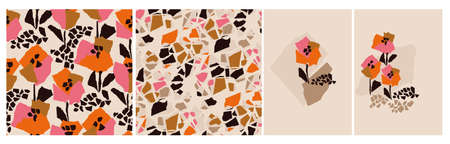 Minimalist contemporary floral abstract pattern set. Modern shabby mosaic style poppy flowers for...