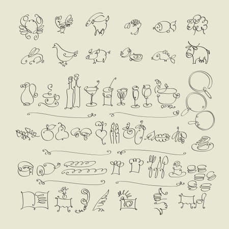 Fine dining restaurant icons set. First course, dessert, wine and booking. Elegant French cafe vector pictograms set.のイラスト素材