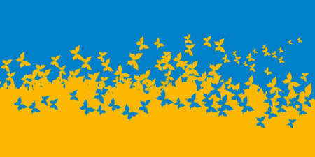 Flock of butterflies header in Ukrainian flag colors. Vector poster template for support Ukraine publication.のイラスト素材
