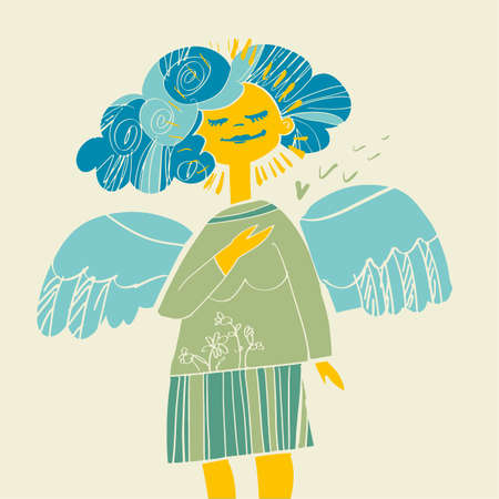 Calm woman meditation with angel wings. Vector illustration for web and print poster, postcard, art, decor.のイラスト素材