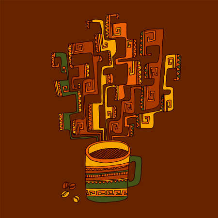 Morning mug of coffee in decorative style with tribal vibes. Vector illustration for web and print poster, postcard, art, decor.のイラスト素材