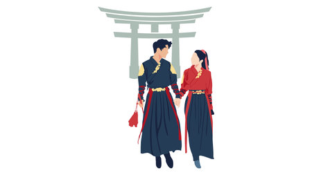 Couple with Japan samurai clothesのイラスト素材