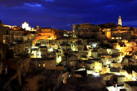 Ancient town of Matera (Sassi di Matera) at night - Basilicata, Southern Italy, European Capital of Culture 2019の写真素材