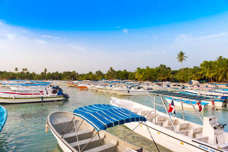 Boats near the shore in Bayahibe, La Altagracia, Dominican Republic. Copy space for textのeditorial素材