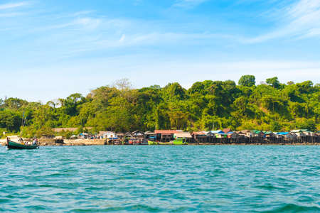 NGAPALI, MYANMAR - DECEMBER 5, 2016: Fishing boats on the beach. Copy space. Space for textのeditorial素材