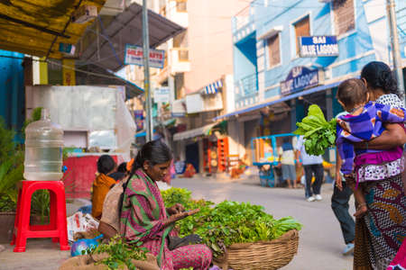PUTTAPARTHI, ANDHRA PRADESH - INDIA - NOVEMBER 09, 2016: A woman sells herbs in the local market