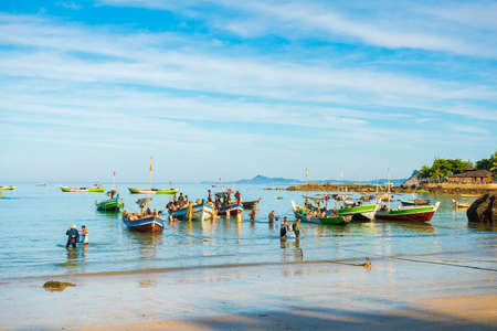 NGAPALI, MYANMAR - DECEMBER 5, 2016: Fishing boats on the beach. Copy space. Space for textのeditorial素材