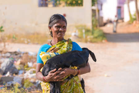 PUTTAPARTHI, ANDHRA PRADESH - INDIA - NOVEMBER 09, 2016: Portrait of an indian woman with a goat, outdoors. Copy spaceのeditorial素材