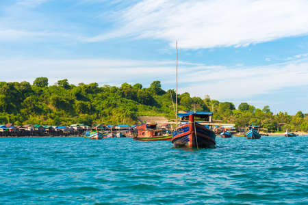 NGAPALI, MYANMAR - DECEMBER 5, 2016: Fishing boats on the beach. Copy space. Space for textのeditorial素材
