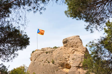 Spanish flag (Estelada) on the mountain in the forest. Against the background of the blue sky,...
