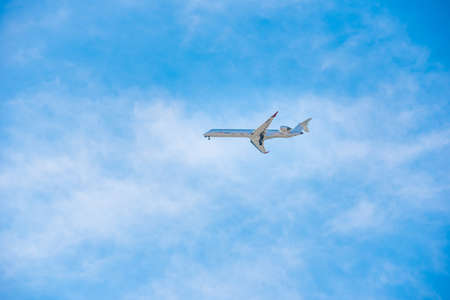 BARCELONA, SPAIN - AUGUST 20, 2016: Air Nostrum Aircraft in the Sky. Copy space. Space for text