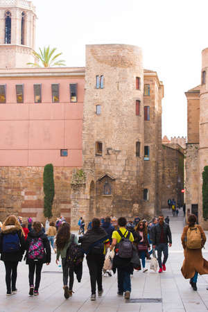 BARCELONA, SPAIN - FEBRUARY 16, 2017: Roman towers in the Gothic Quarter (Barrio Gothico). Verticalのeditorial素材